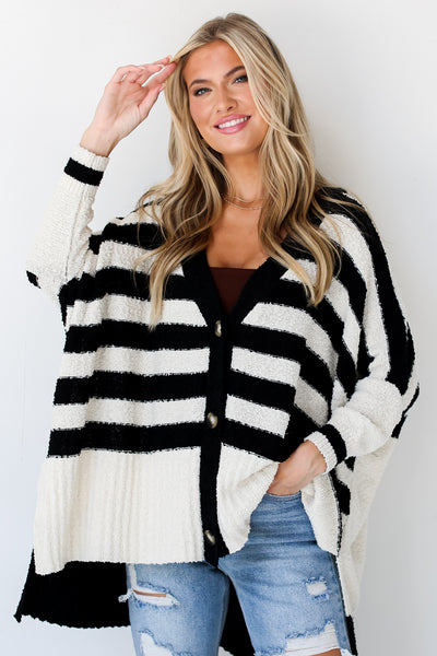model wearing a Black Striped Cardigan, cute outfits for fall