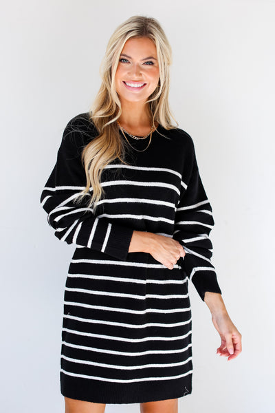 black + white Striped Sweater Mini Dress front view