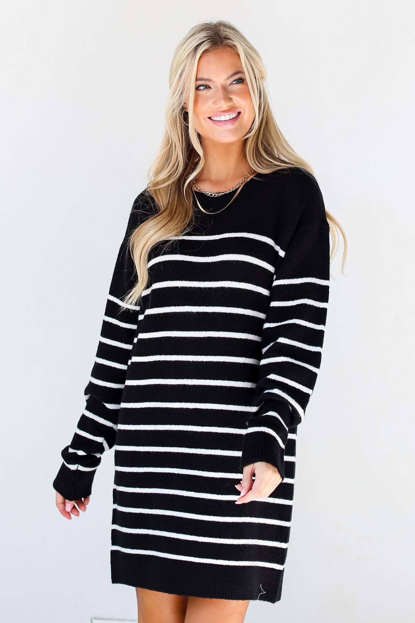 black + white Striped Sweater Mini Dress front view on dress up model