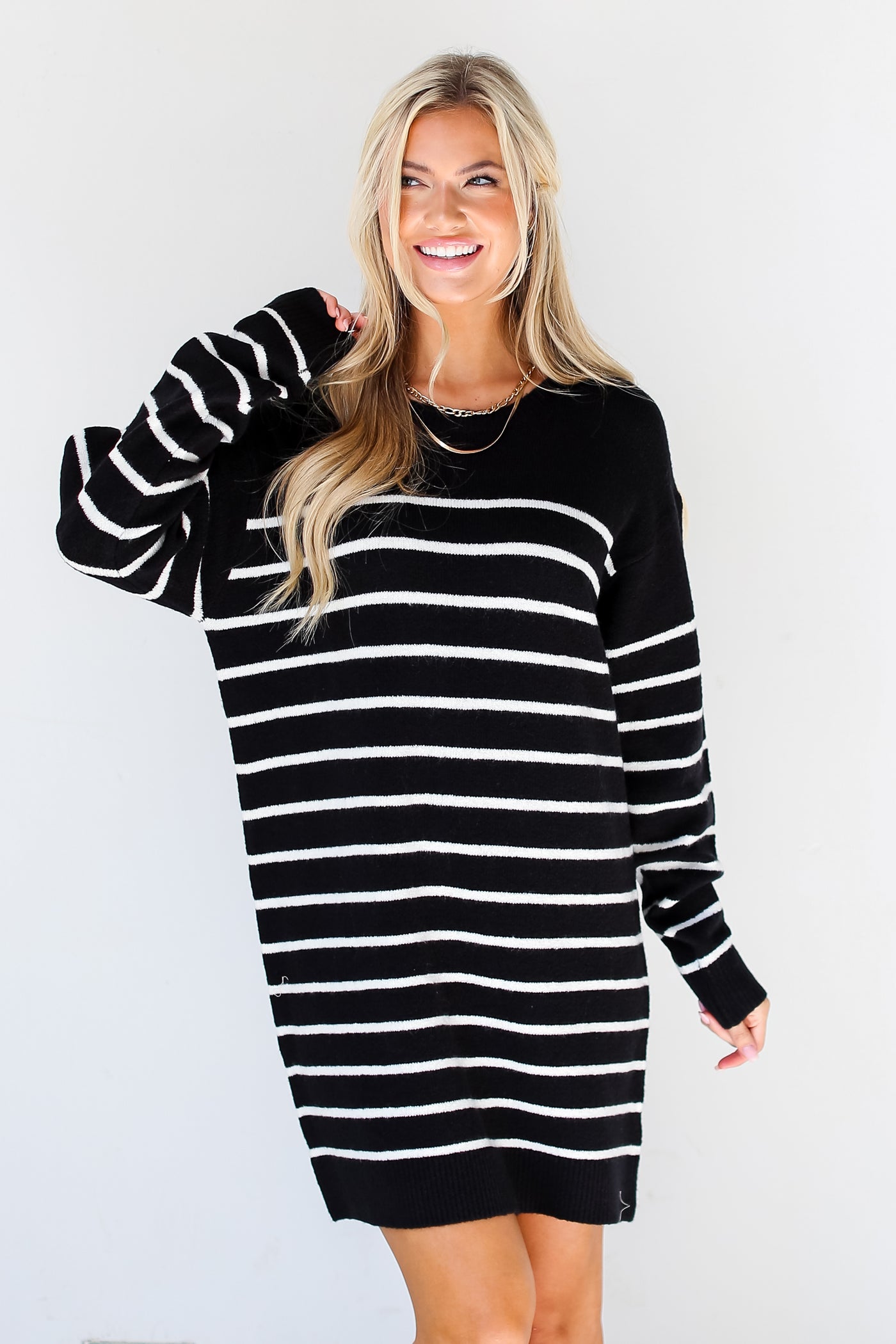 black + white Striped Sweater Mini Dress front view on model