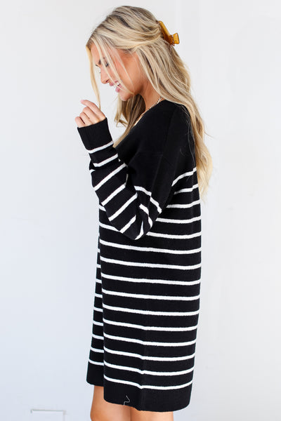 black + white Striped Sweater Mini Dress side view