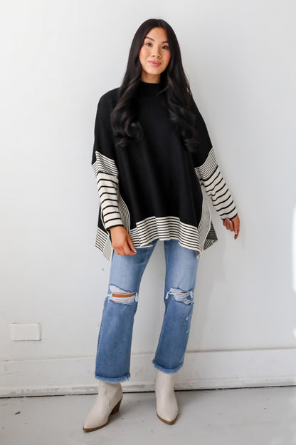 Cultivated Essential Black Striped Sweater Poncho