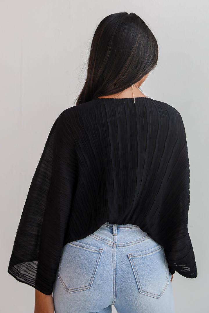 Sophisticated Step Black Pleated Tie-Front Blouse