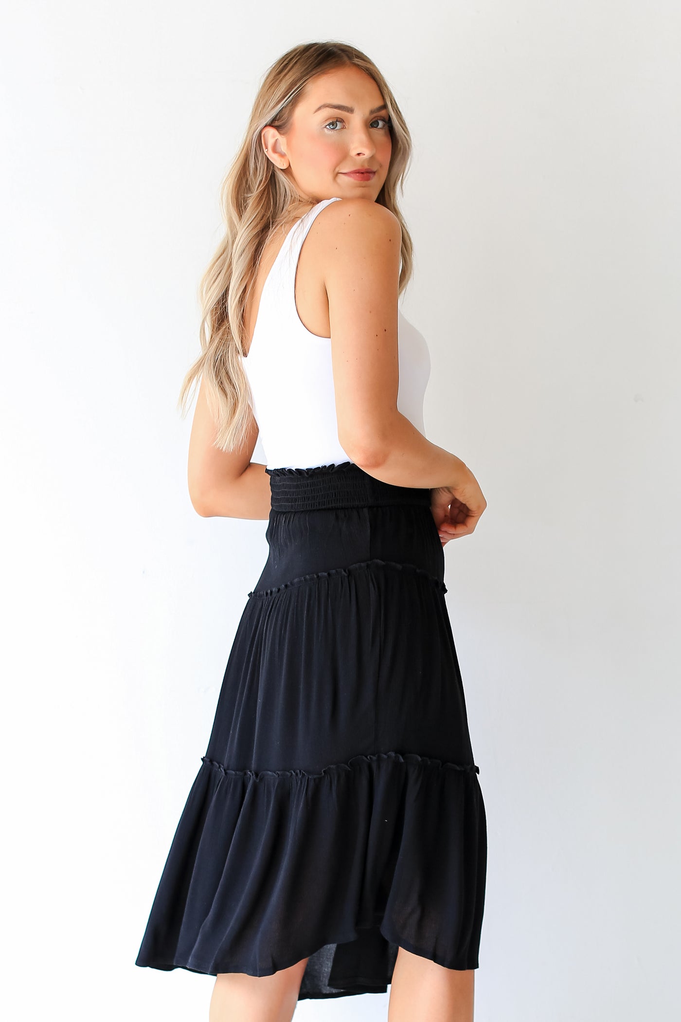 black Asymmetrical Tiered Midi Skirt side view