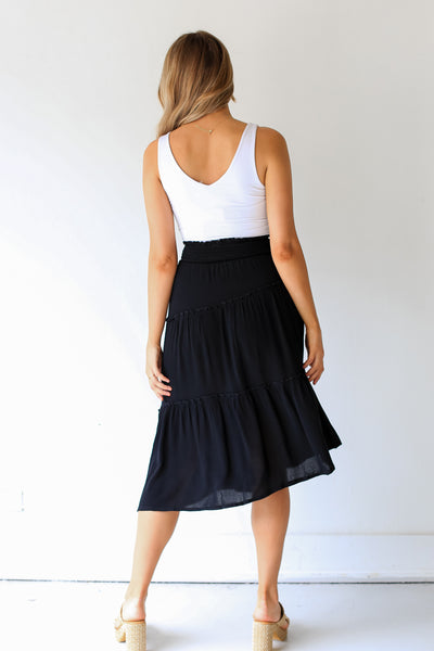 black Asymmetrical Tiered Midi Skirt back view