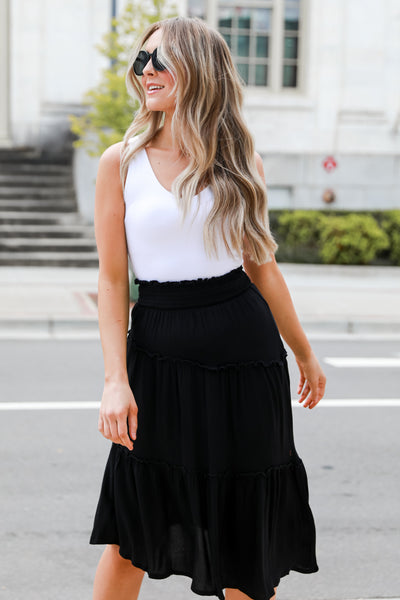 black Asymmetrical Tiered Midi Skirt