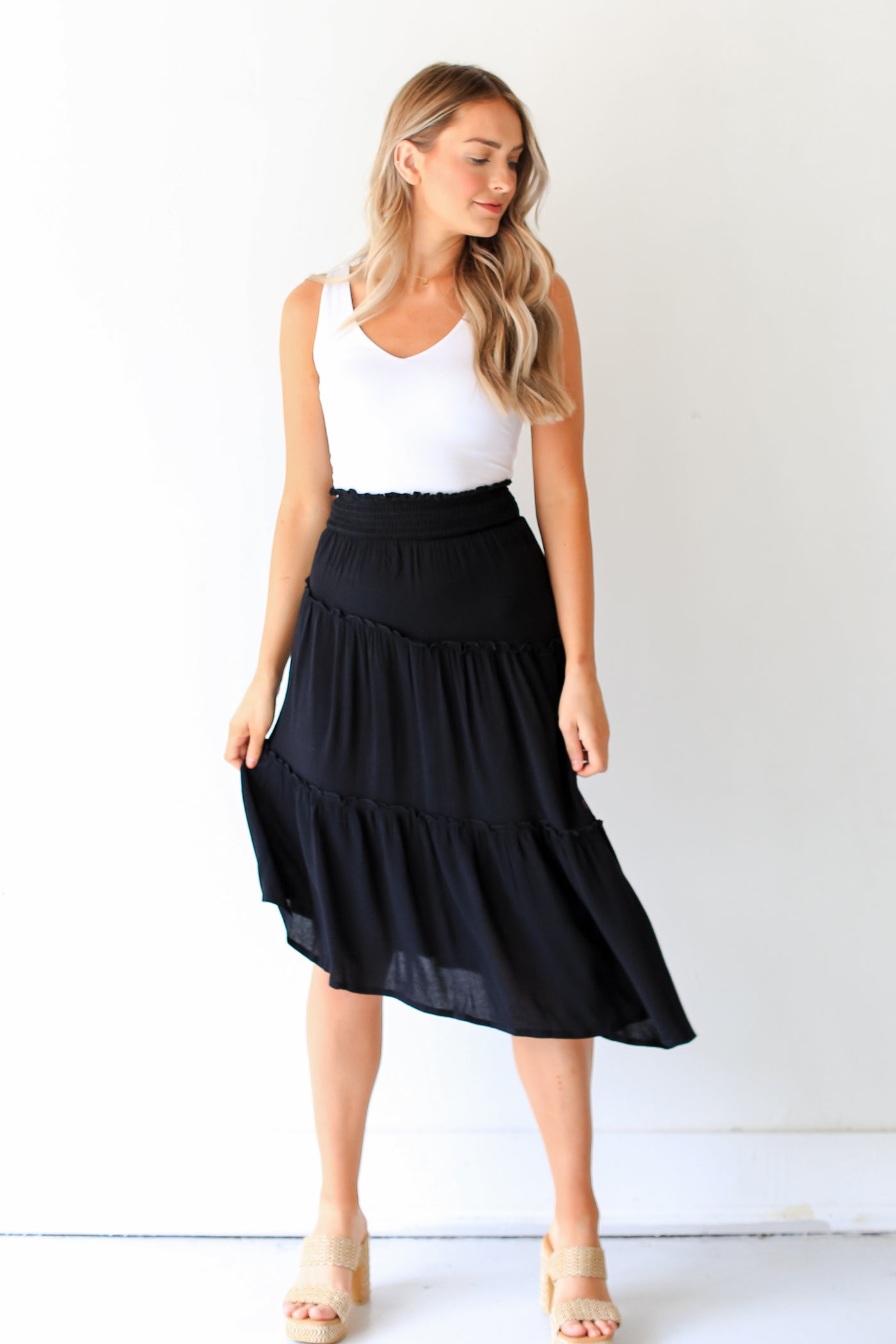 black Asymmetrical Tiered Midi Skirt front view