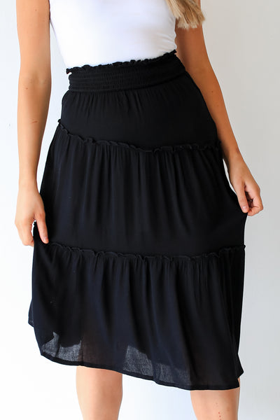black Asymmetrical Tiered Midi Skirt close up