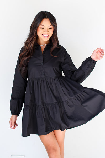 black Tiered Mini Dress on dress up model