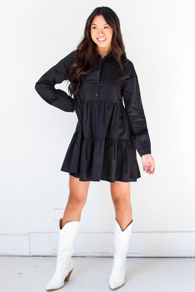 black Tiered Mini Dress with white boots