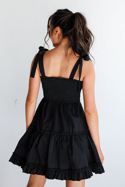 smocked Black Tiered Ruffle Mini Dress