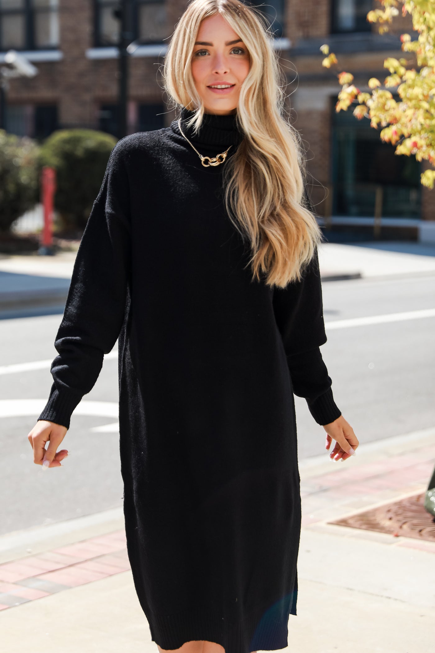 Black Turtleneck Sweater Midi Dress. Cute Dresses For Women. Sweater Dresses. Women's Sweater Dress