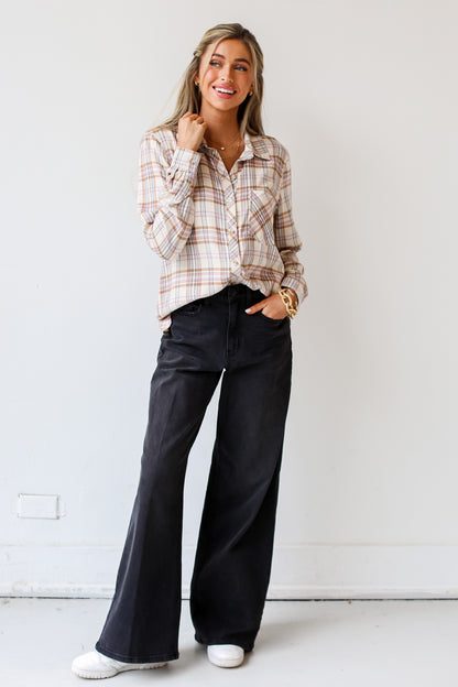 Black Denim Wide Leg Jeans on model