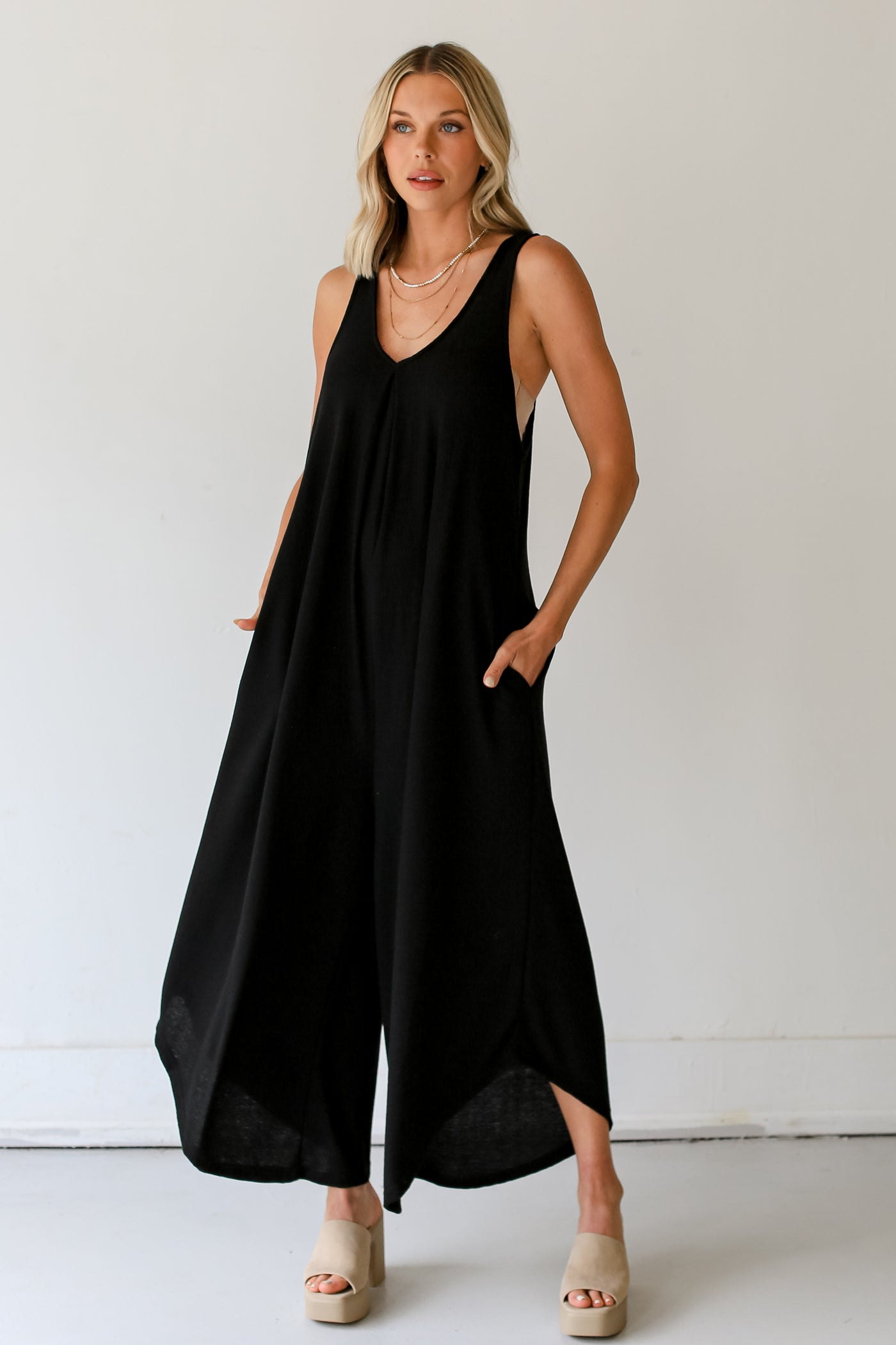 black knit Wide Leg Jumpsuit on dress up model