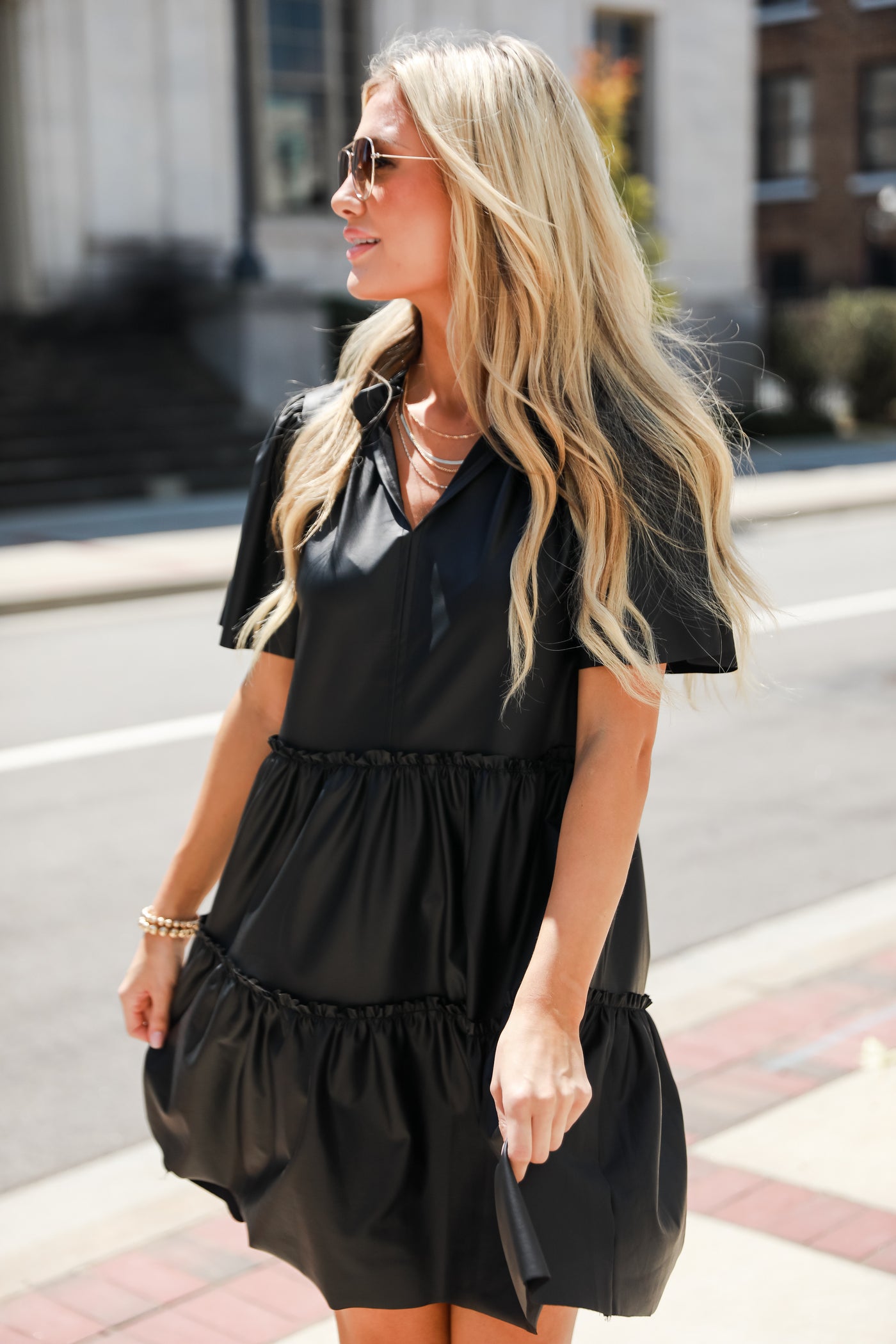 cute black Leather Tiered Mini Dress
