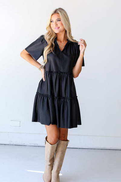black Leather Tiered Mini Dress with boots