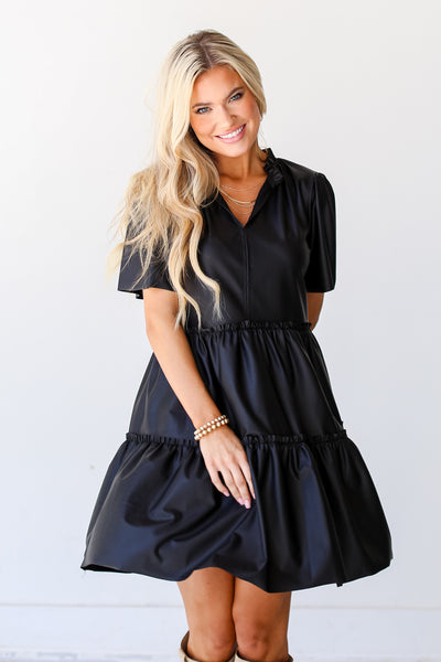 trendy black Leather Tiered Mini Dress