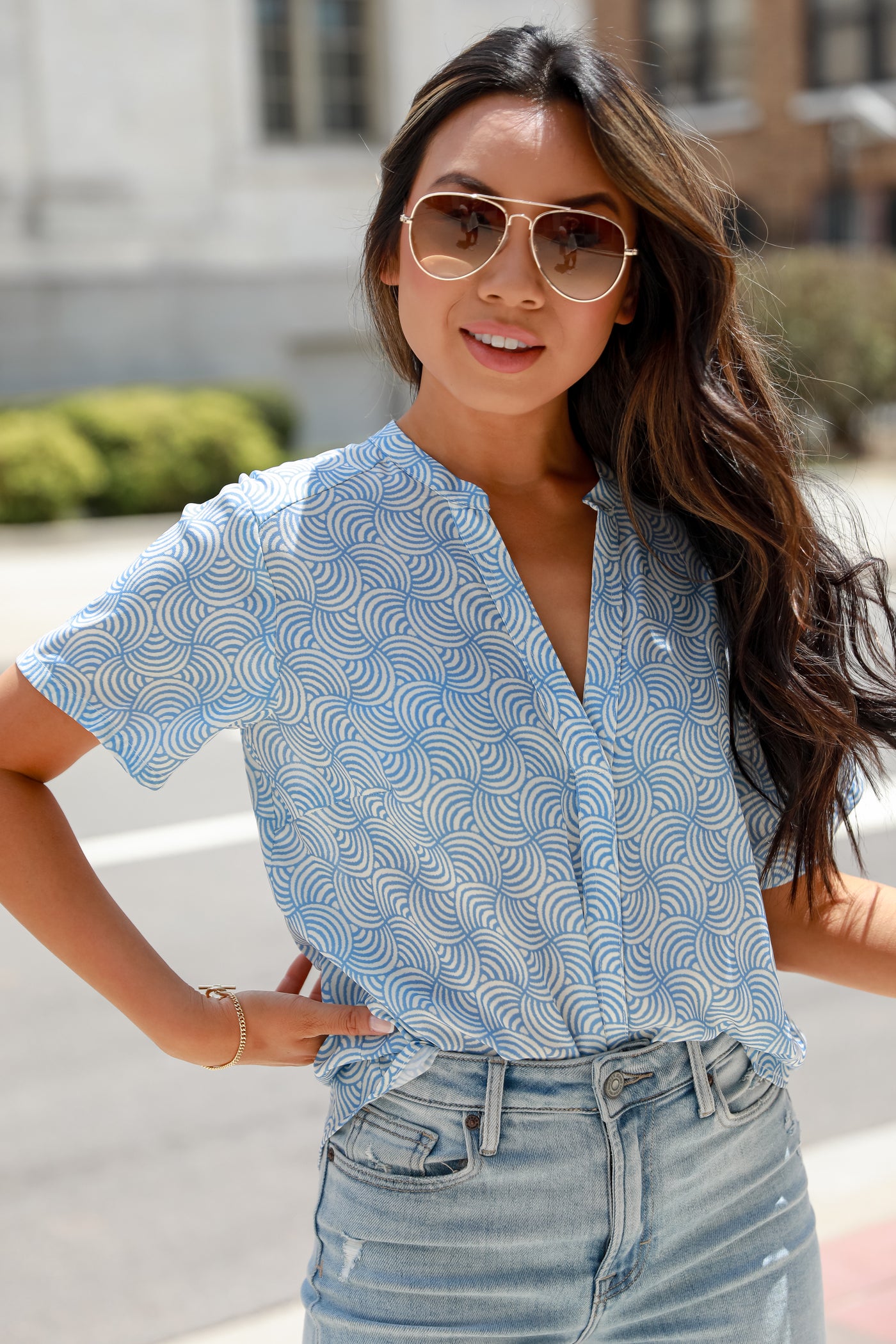 blue abstract print Blouse on model