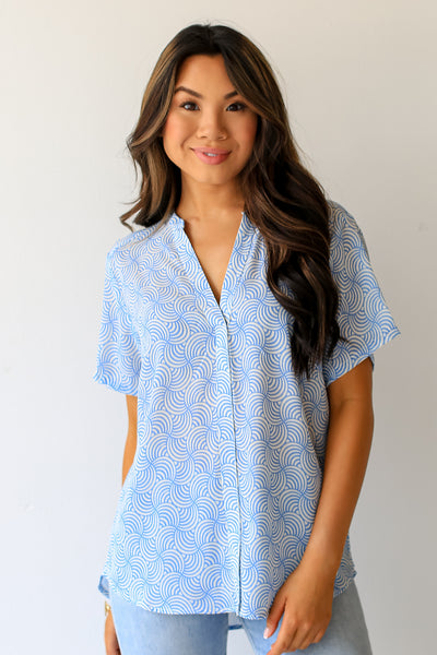 blue abstract print Blouse on dress up model