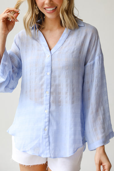blue Button-Up Blouse on model