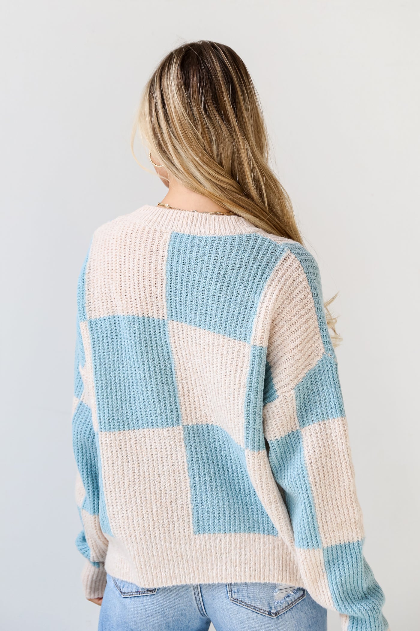 trendy Light Blue Checkered Sweater