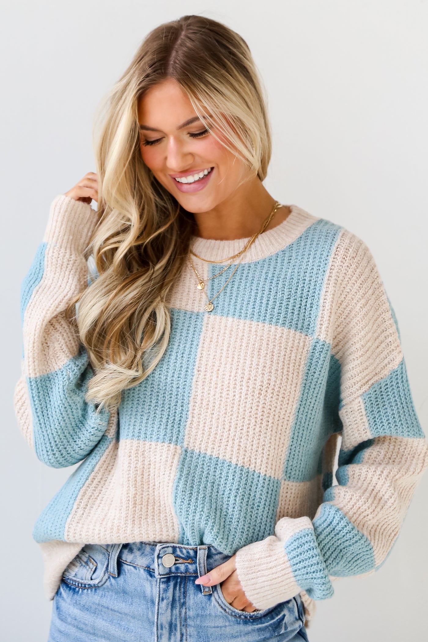 cute Light Blue Checkered Sweater for women