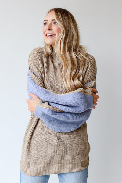 model wearing a Taupe Color Block Sweater
