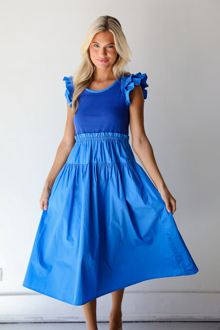 Exceedingly Dreamy Blue Contrast Ruffle Midi Dress