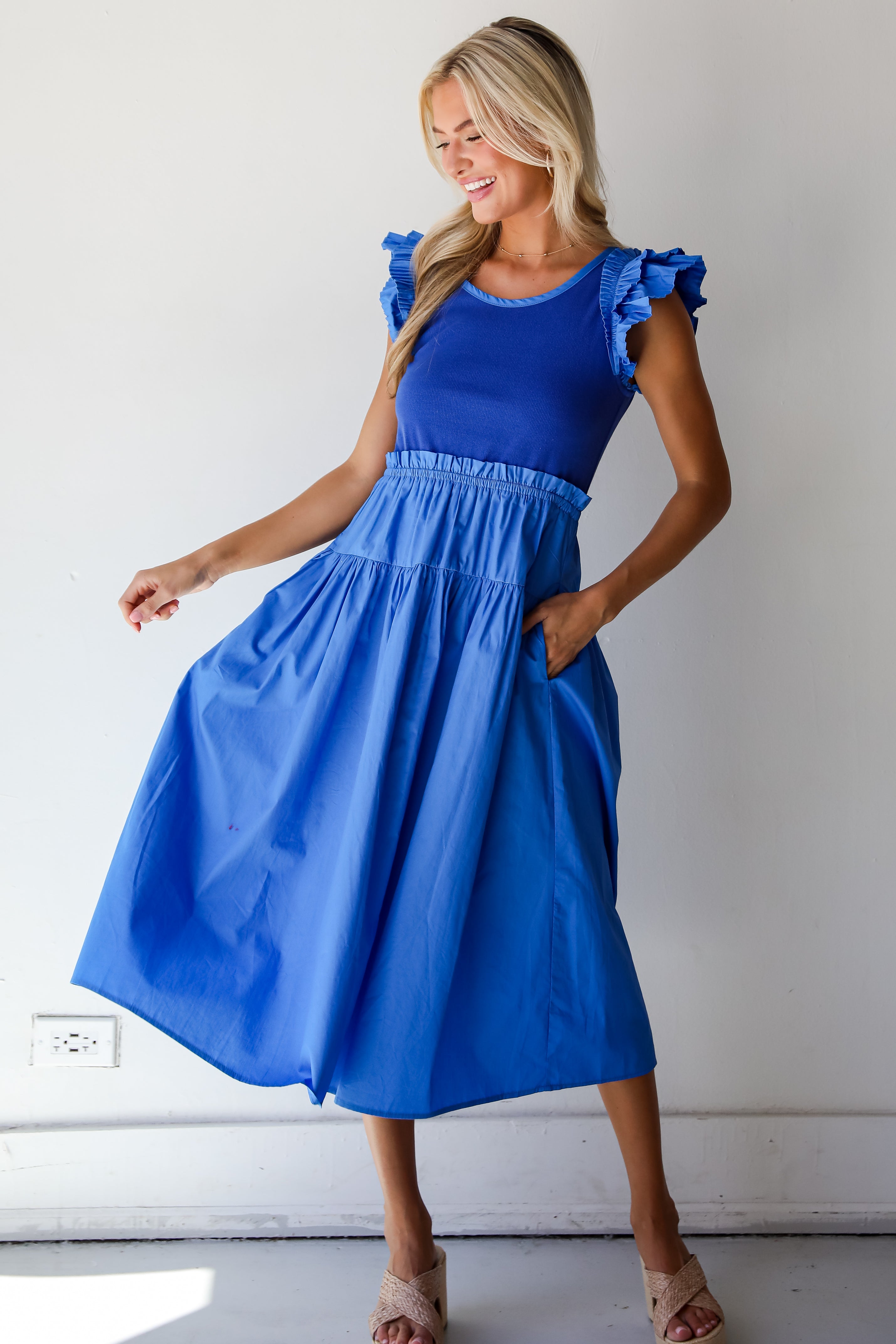 Exceedingly Dreamy Blue Contrast Ruffle Midi Dress