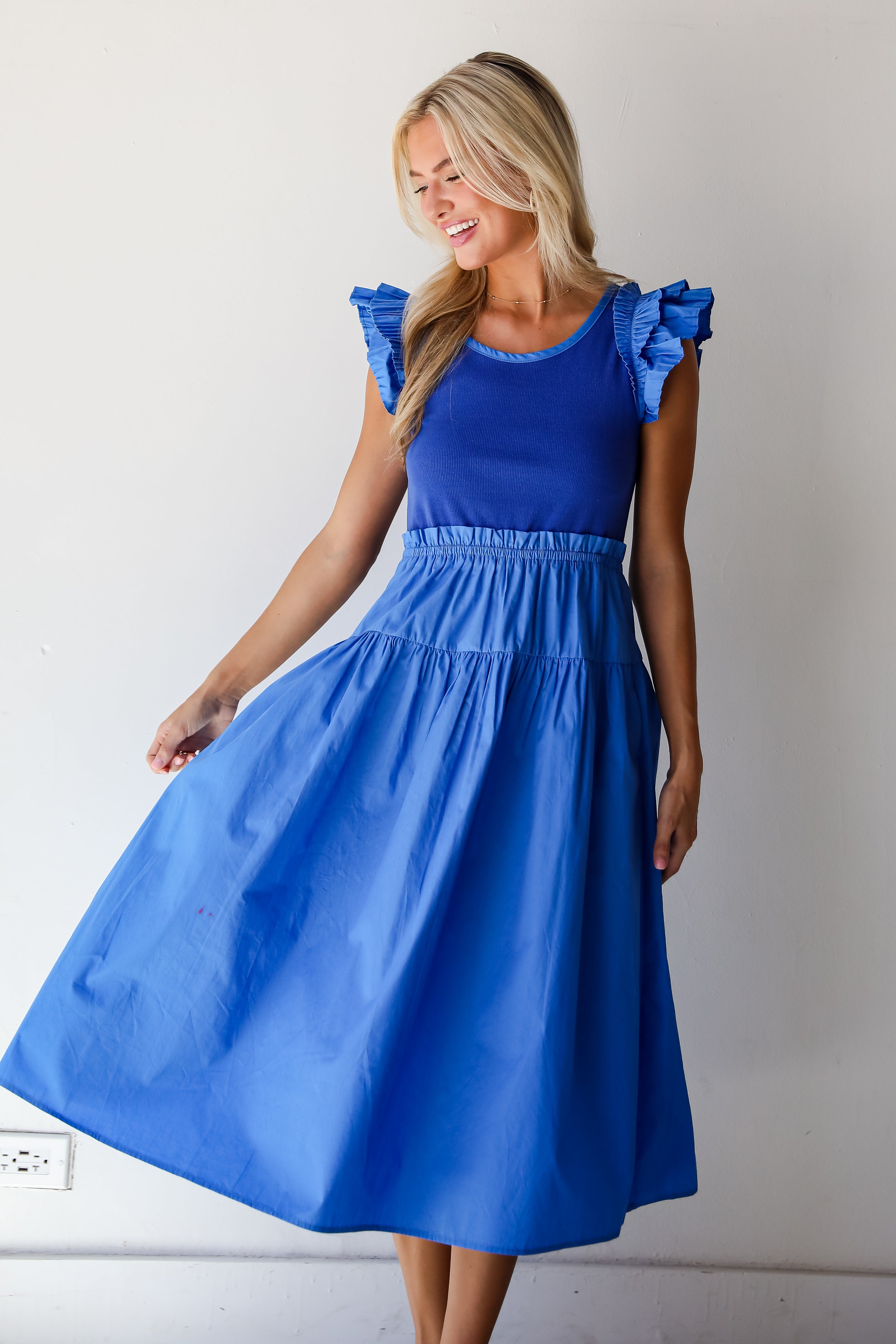 Exceedingly Dreamy Blue Contrast Ruffle Midi Dress