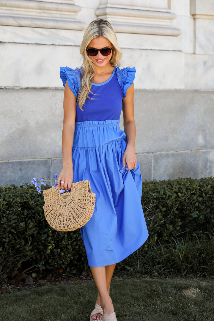 Exceedingly Dreamy Blue Contrast Ruffle Midi Dress