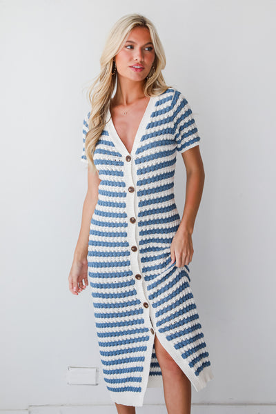 womens Blue Striped Crochet Knit Midi Dress