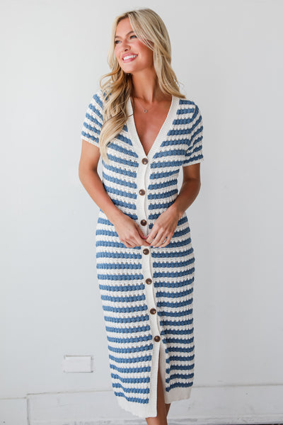 trendy Blue Striped Crochet Knit Midi Dress