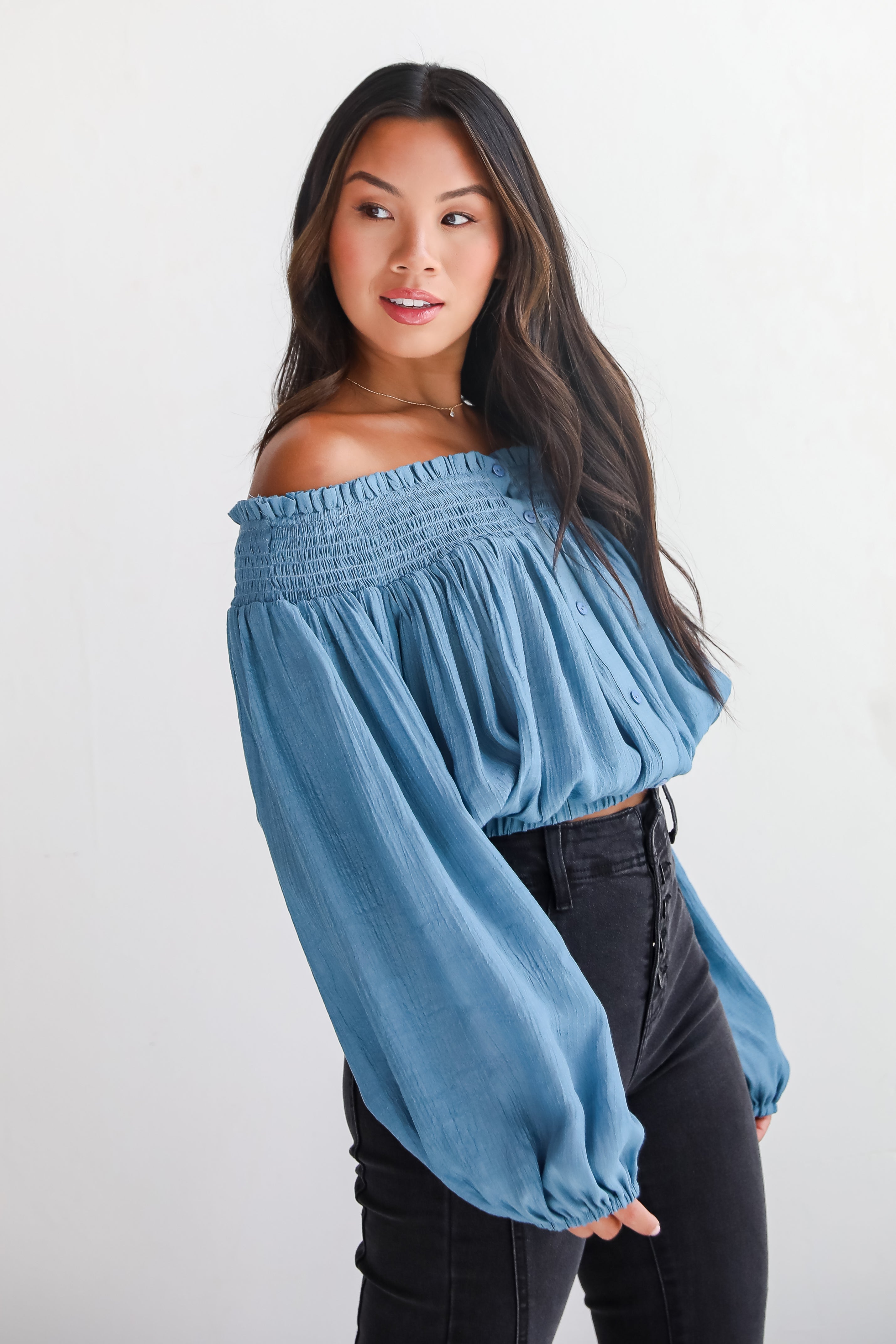 Utterly Pretty Blue Off-The-Shoulder Cropped Blouse