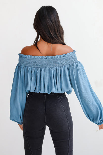 Utterly Pretty Blue Off-The-Shoulder Cropped Blouse