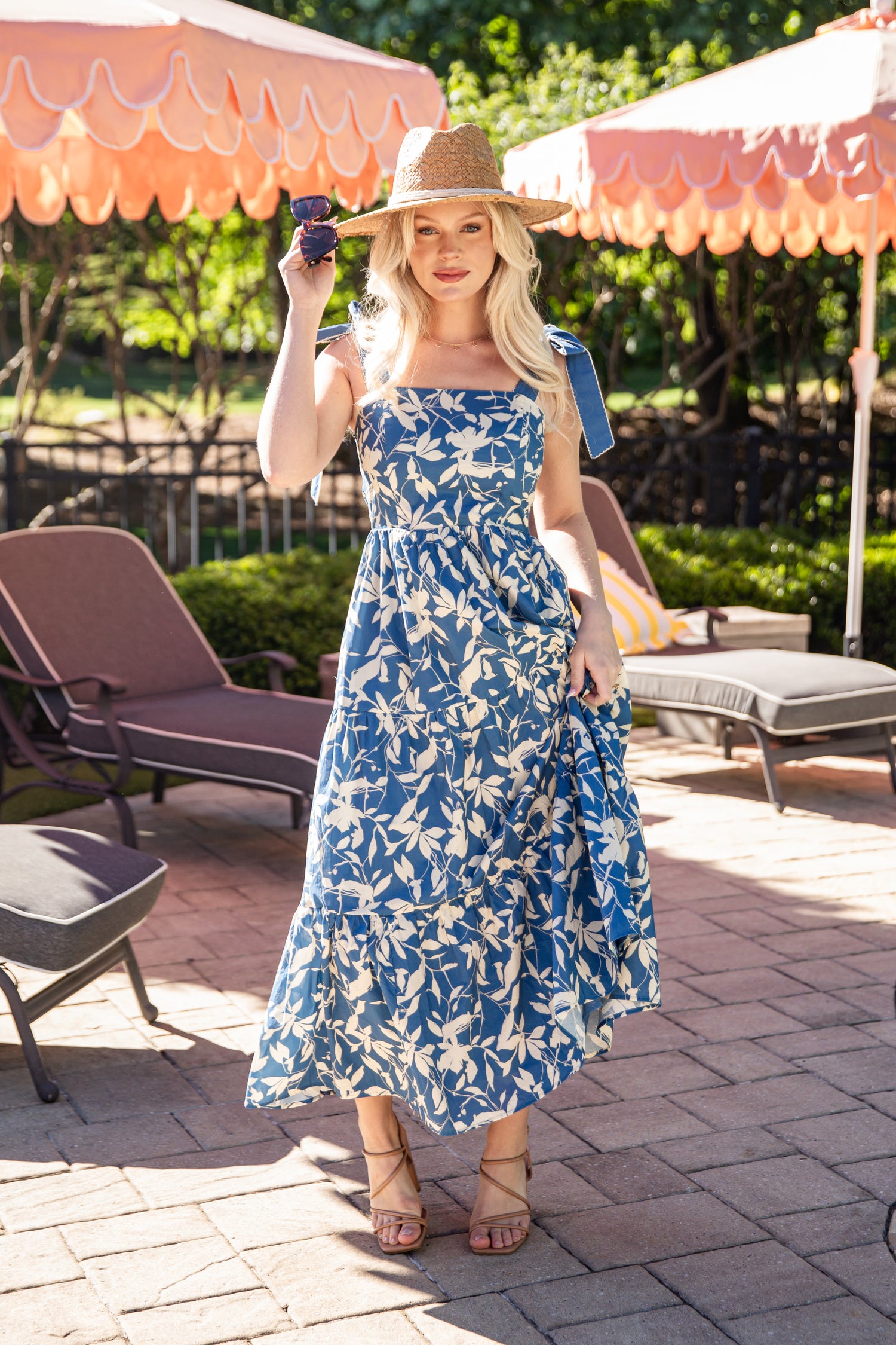 coastal blue dress Summer Days Maxi detachable belt Maxi length with ruffle hem and lace detail SIZE GUIDE XS 00 Coastal Romance Floral Maxi Dress