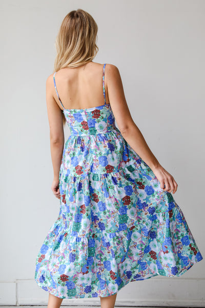 cute Blue Floral Tiered Midi Dress