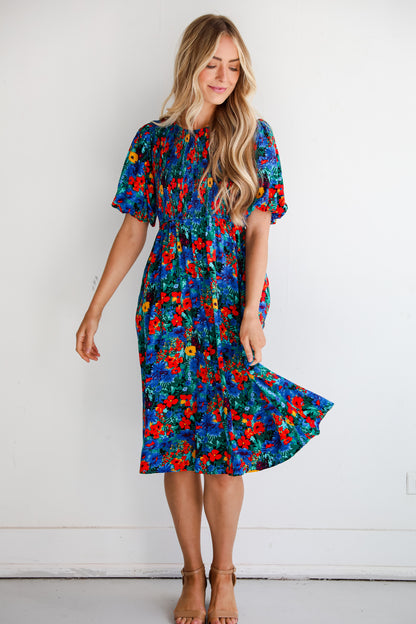 cute Blue Floral Midi Dress