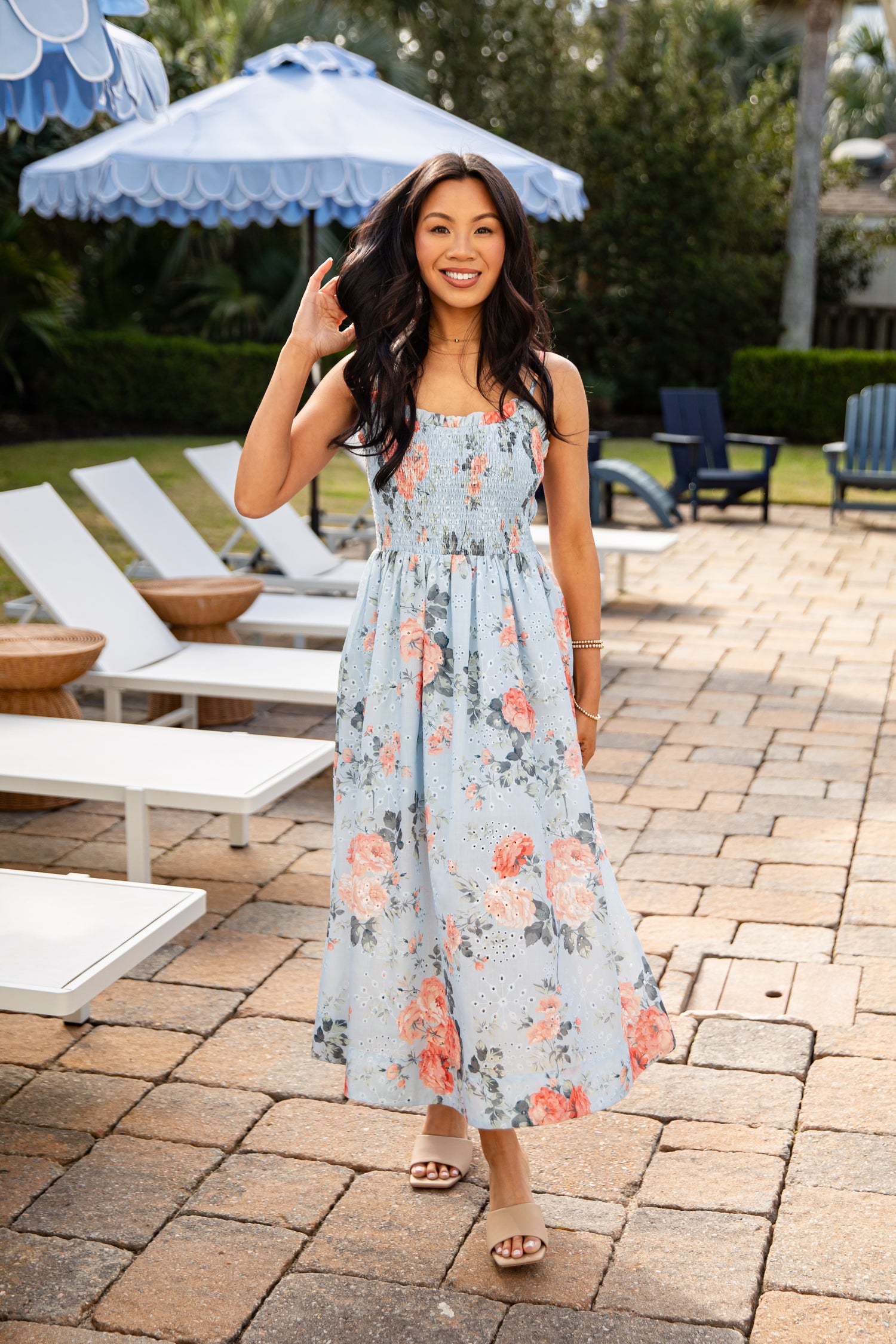 Trendy Blue Floral Smocked Midi Dress | Women's Dress