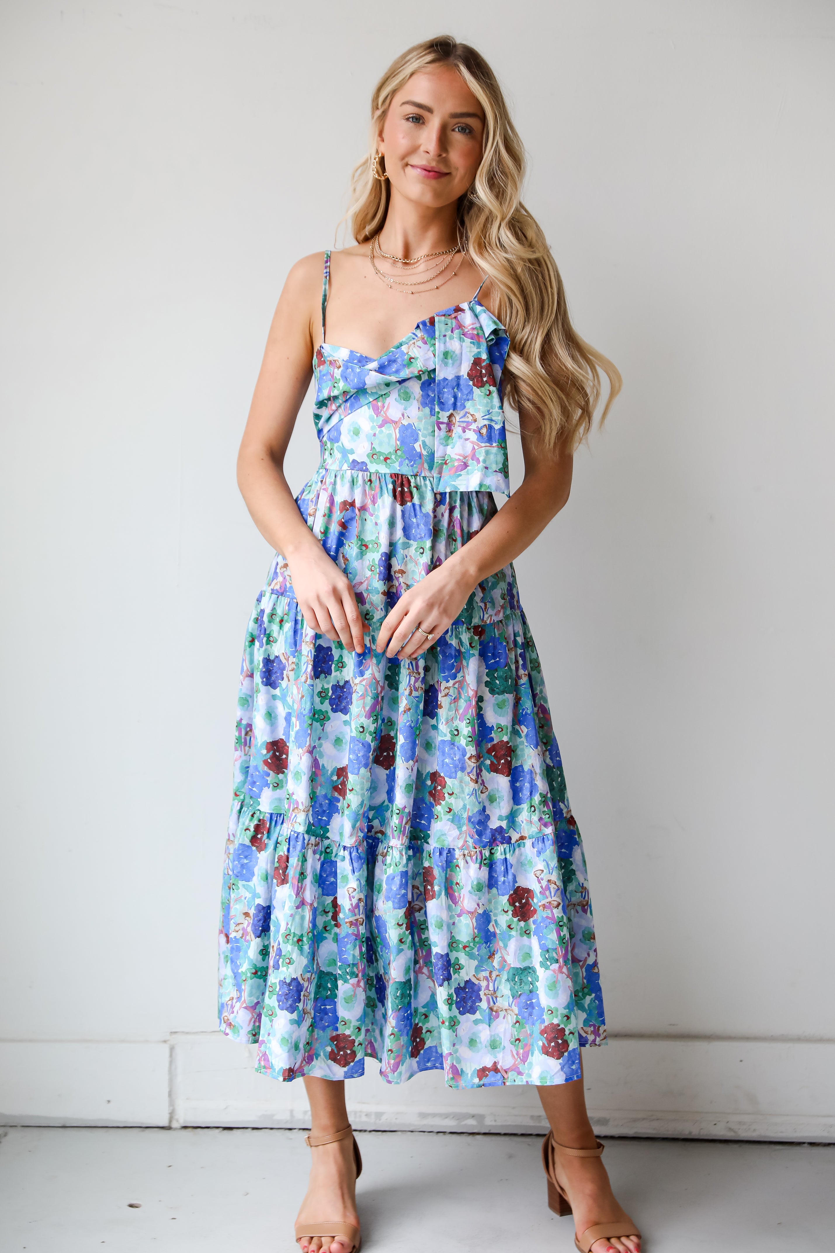 Blue Floral Tiered Midi Dress | Wedding Guest Dress | Dress Up