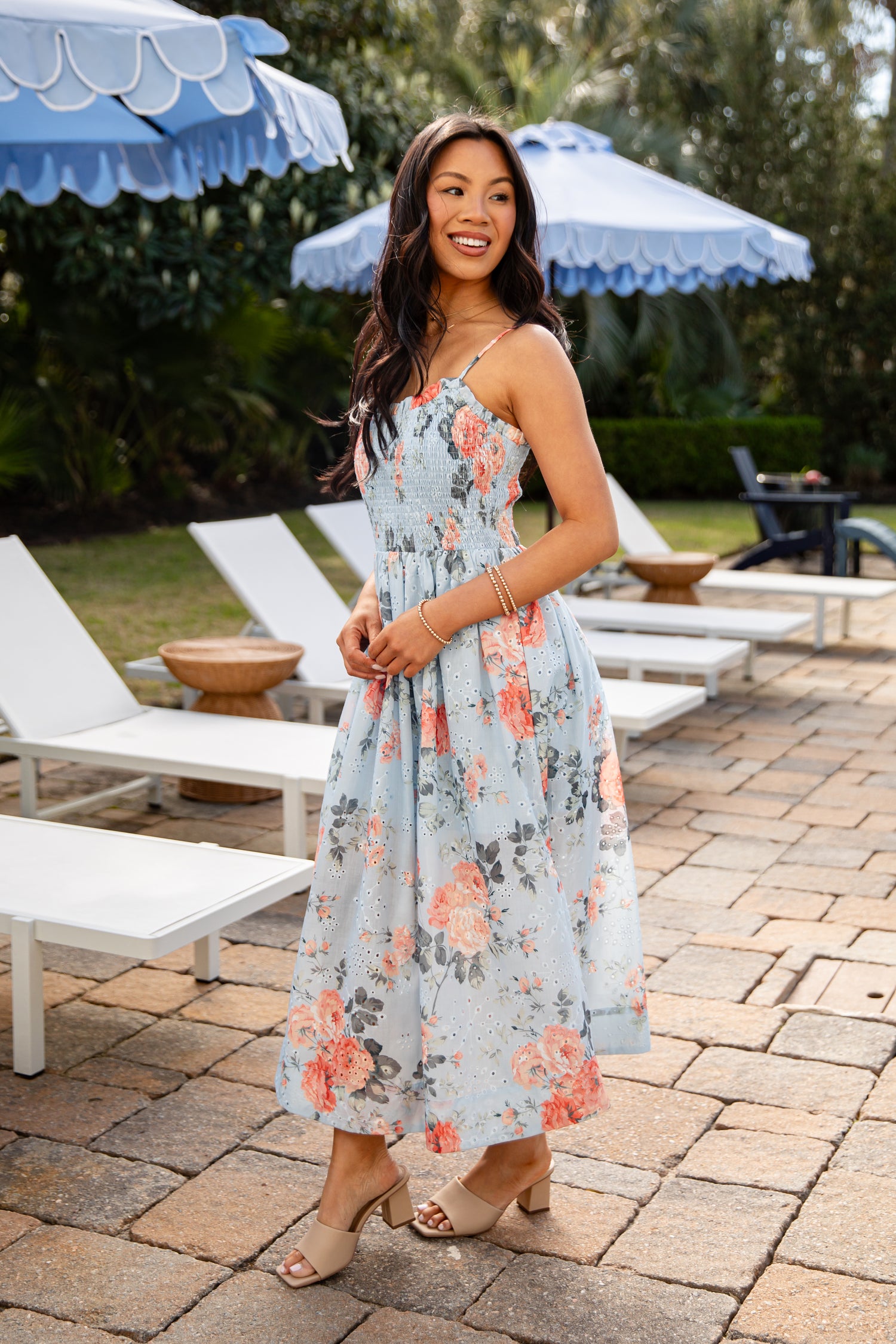 Trendy Blue Floral Smocked Midi Dress | Women's Dress