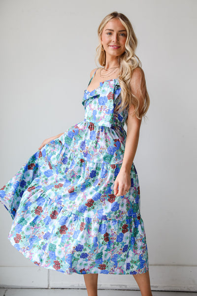 Blue Floral Tiered Midi Dress for women