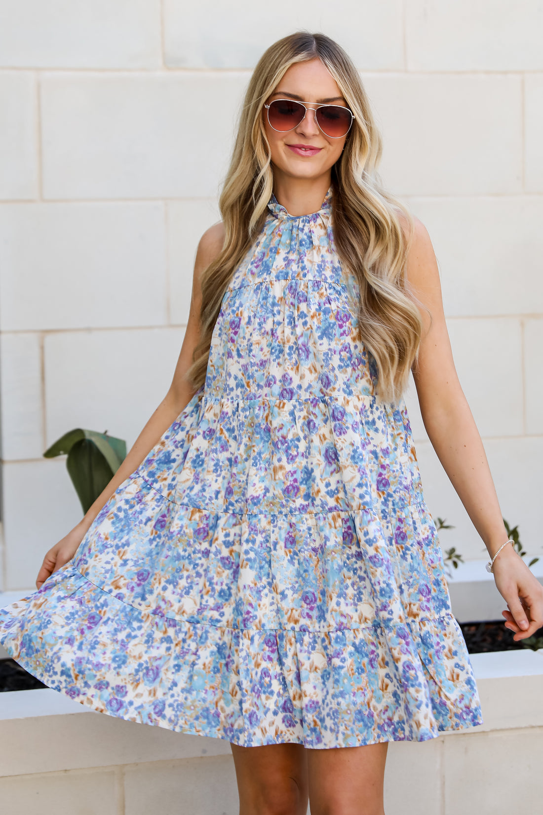 Blue Floral Tiered Mini Dress