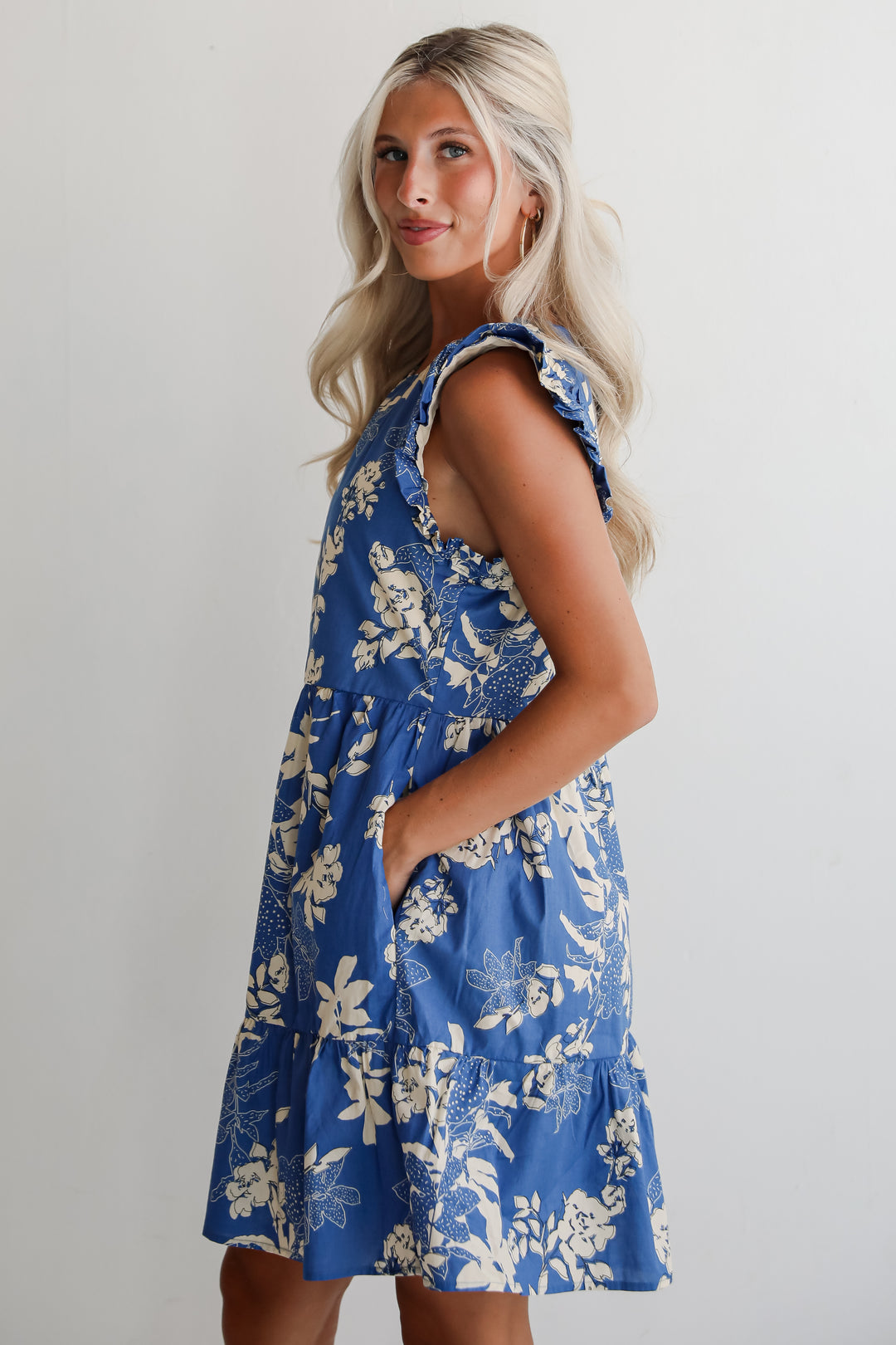 Flirtatious Poise Blue Floral Tiered Mini Dress