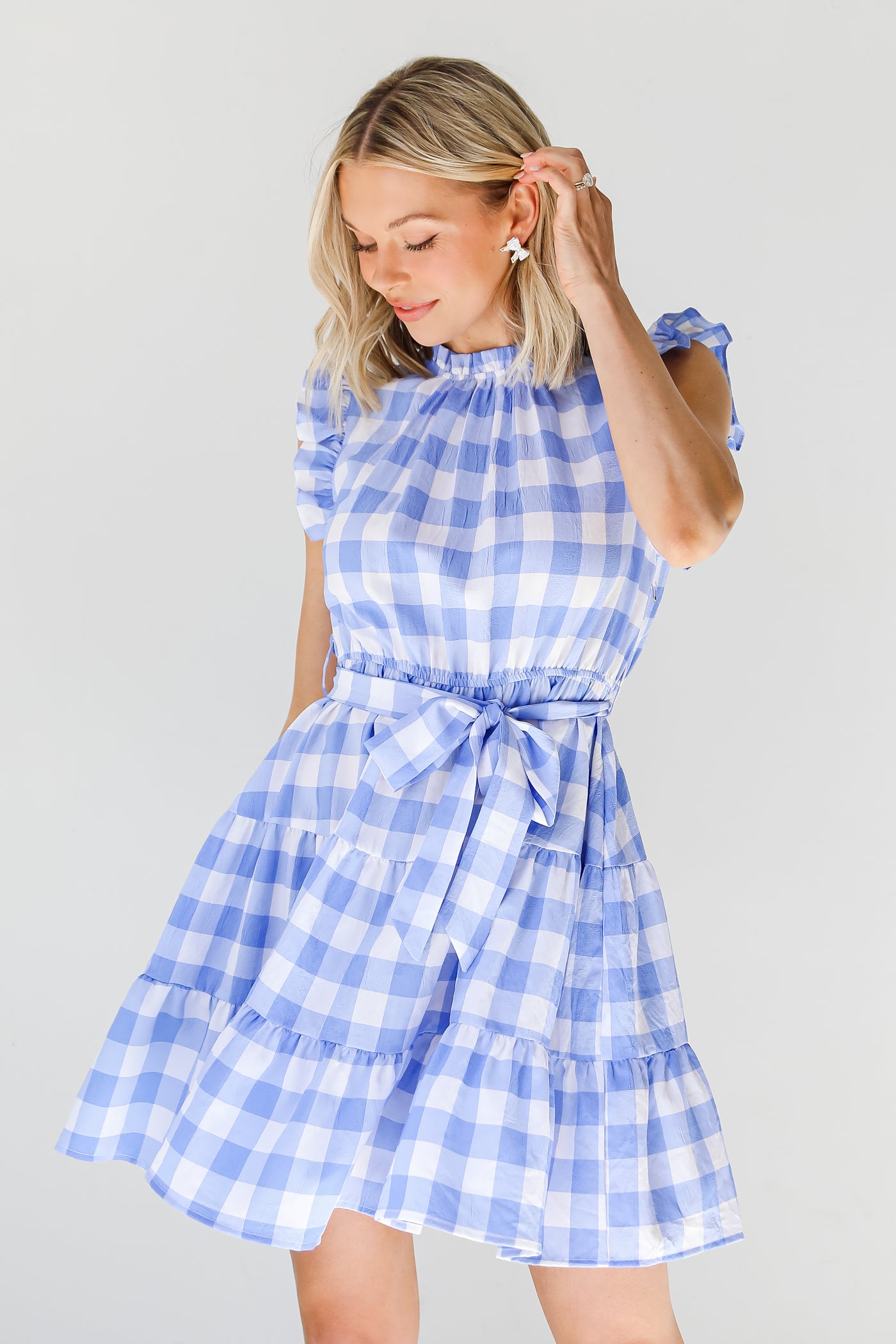 blue Gingham Mini Dress on dress up model