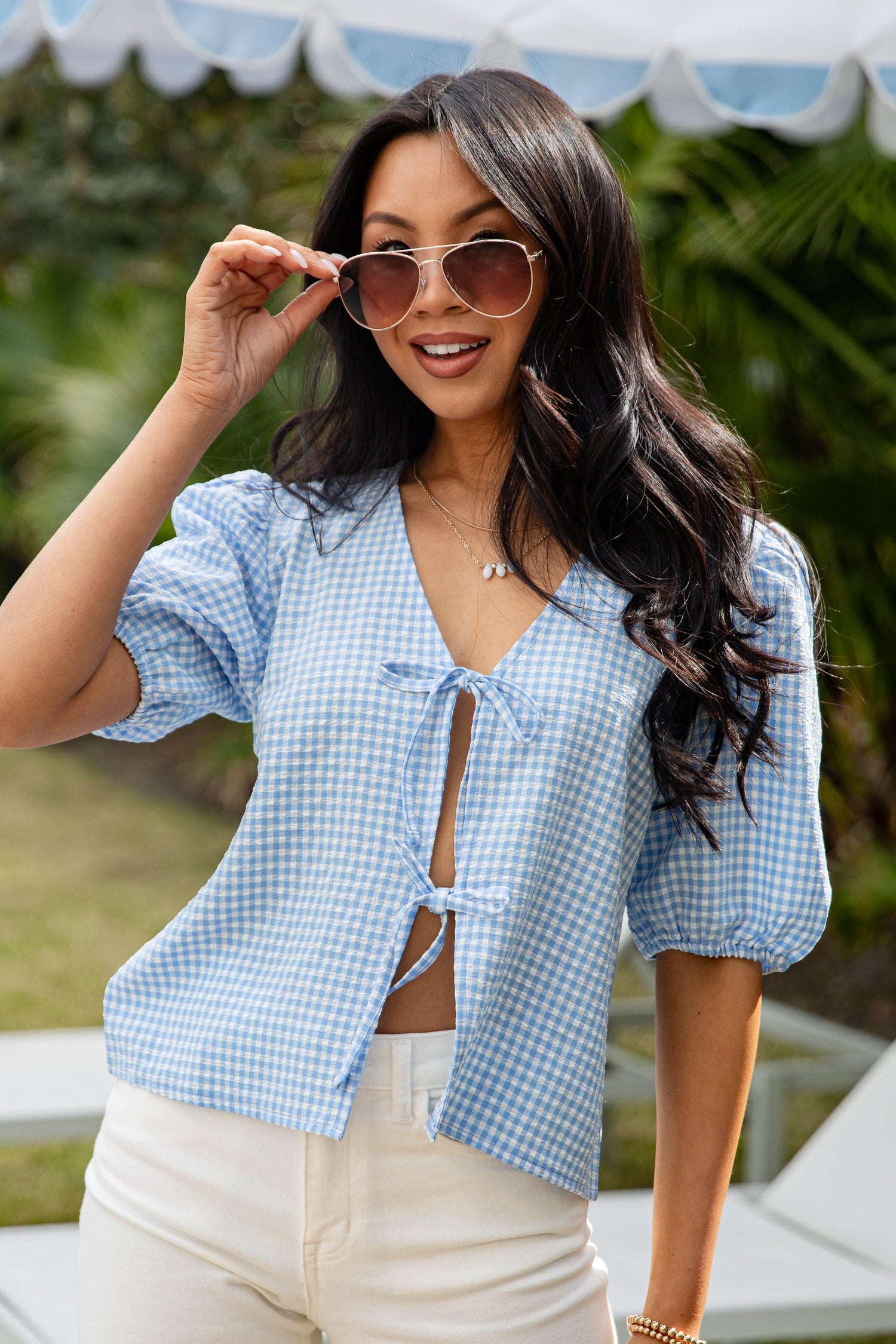 dress women tops Skywashed Blue Tie-Front Blouse | Trendy Women's Tops