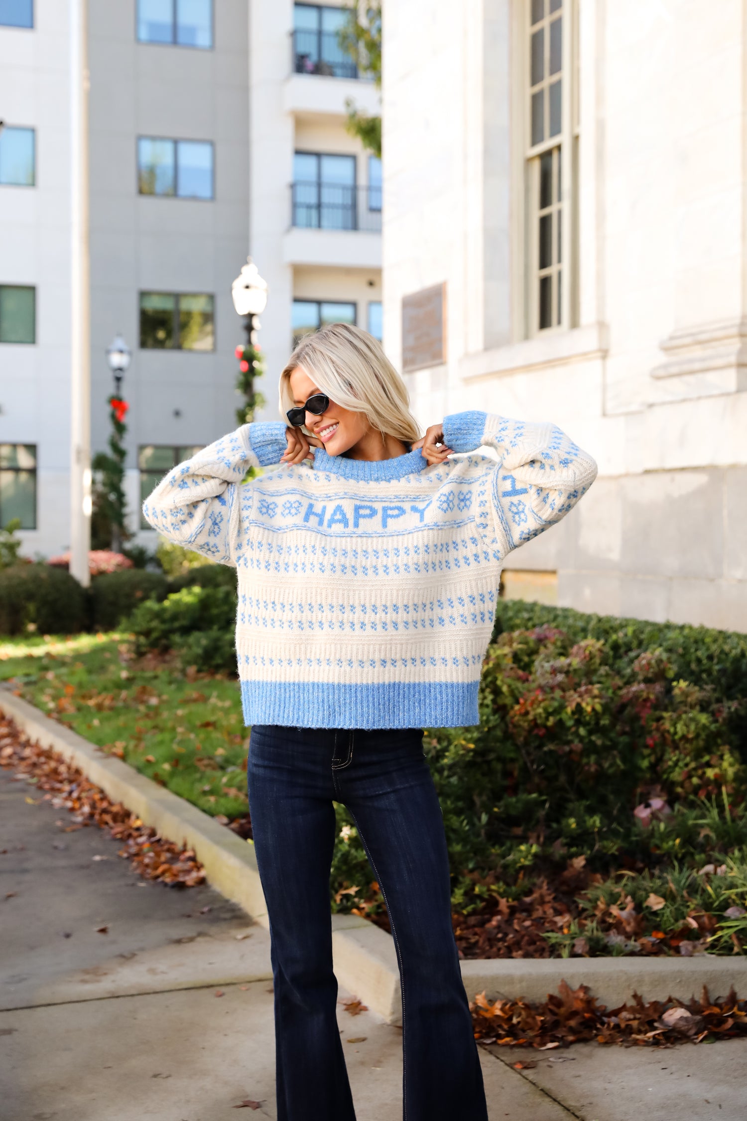 Blue Striped Happy Sweater