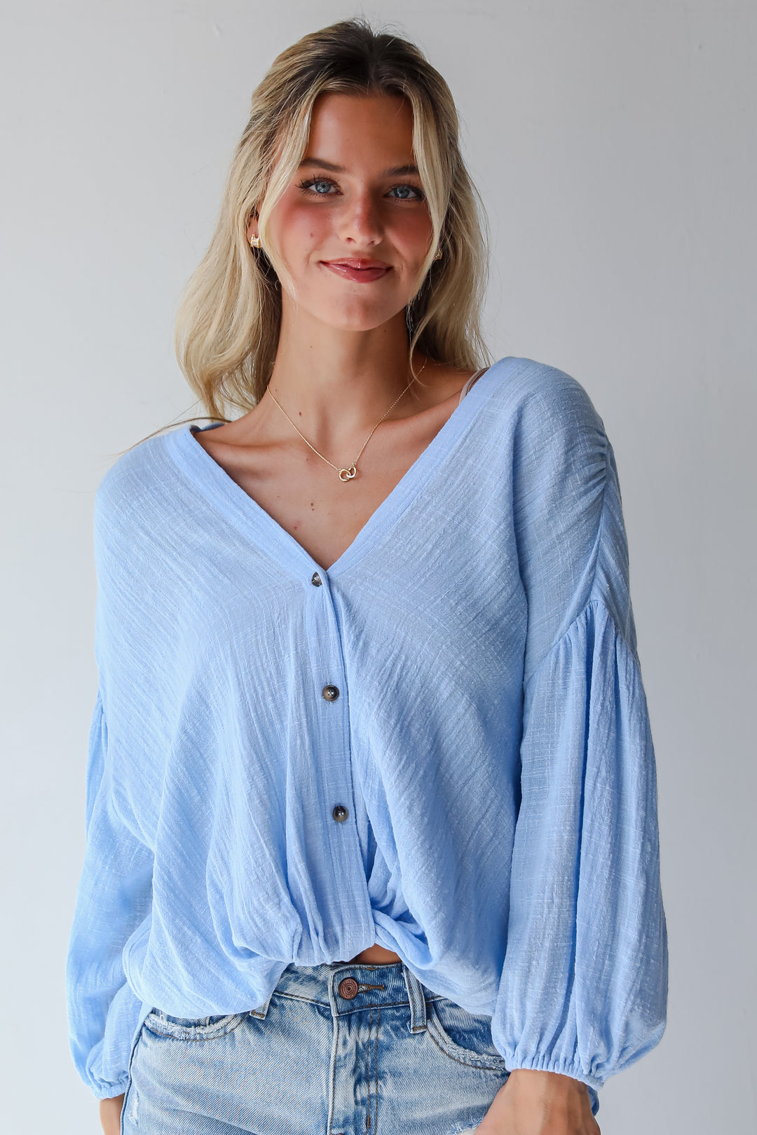 Sleek Dedication Light Blue Linen Blouse