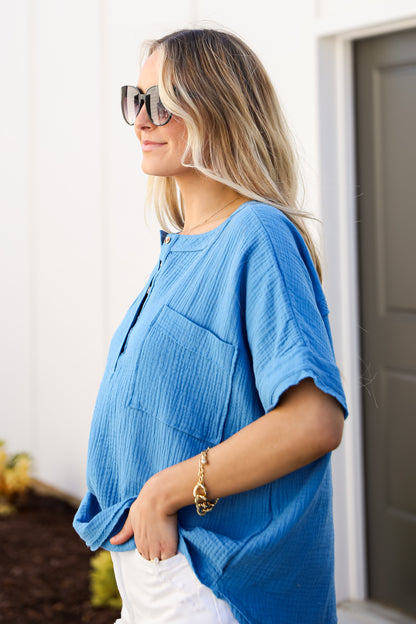 casual Blue Linen Blouse