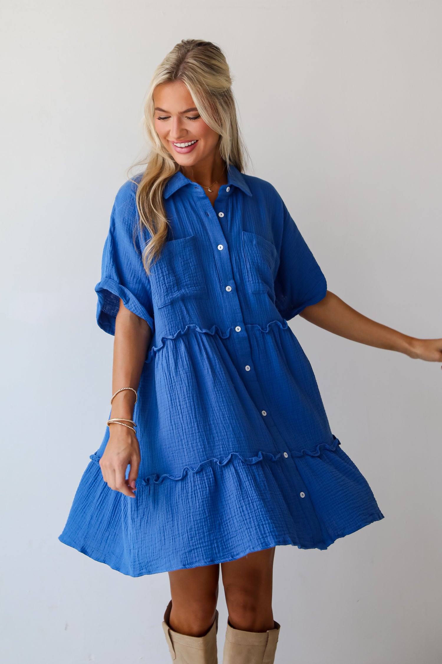 Charming Dynamic Royal Blue Linen Tiered Mini Dress